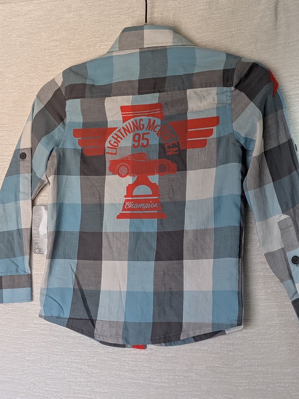 Disney Cars Lighting McQueen Blue & Gray Plaid Button-Down Shirt W Patches - Picture 2 of 13